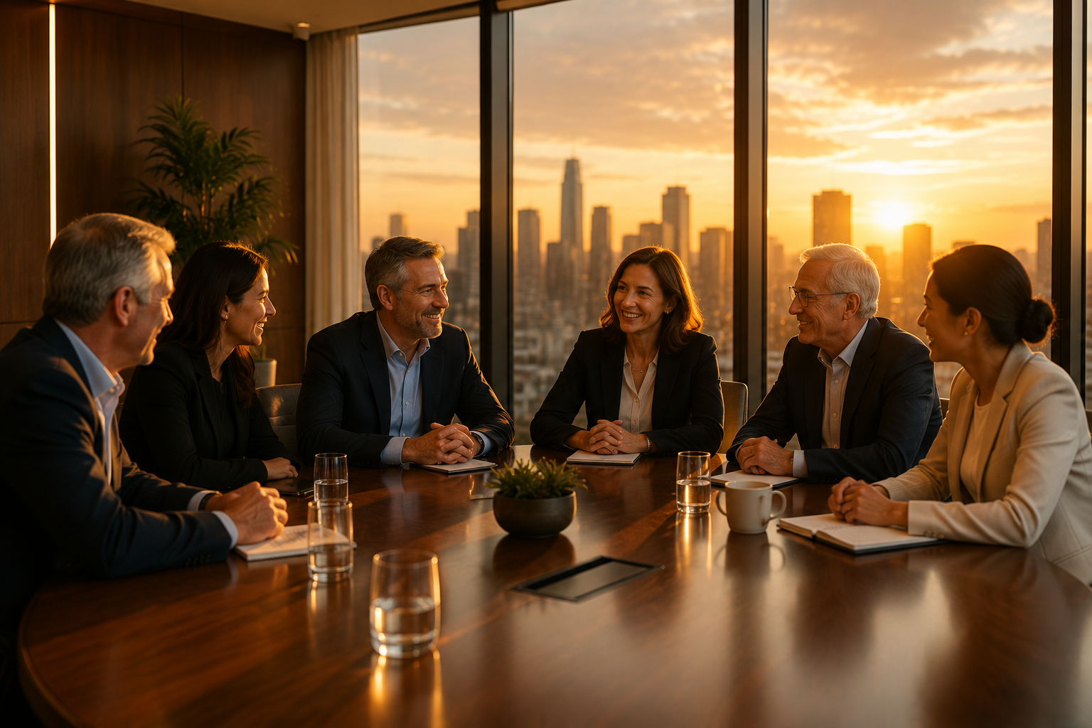 Organization board members meeting at sunset